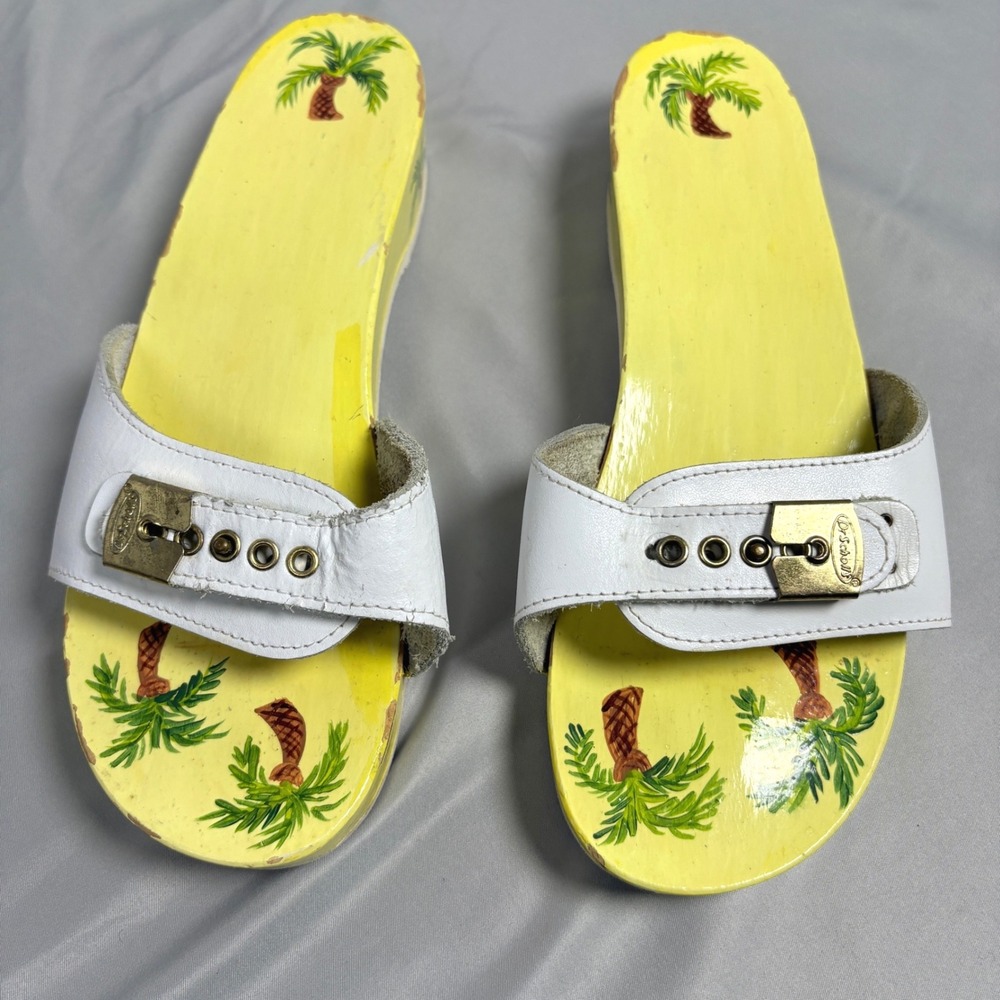 Dr Scholls Vintage Wooden‎ Slides Palm Tree Hand Painted Yellow White Leather 10